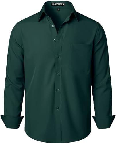 Image of PARKLEES Men's Regular Fit Dress Shirt Solid Wrinkle-Free Long Sleeve Casual Business Button Up Shirts with Pocket ZSSCL05-Dark Green Large