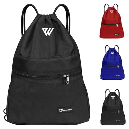Image of WESTWOOD FOX WFX Drawstring Bag String Waterproof Sport Gym Sack Backpack for Women Men PE Bag Outside Pocket Zipper School Beach Holidays Swimming Travel (Jet Black)