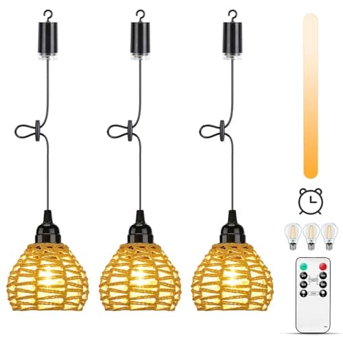 Image of Lightess 3 Hanging Lights Battery Operated Pendant Ceiling Light Outdoor Chandelier Indoor Dimmable Battery Operated Light Bulb Portable Rattan Lamp IP44 with Remote Control Timer for Porch Backyard