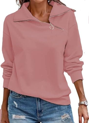 Image of Cuptacc Women's Sweatshirts V Neck Long Sleeve Tunic Tops Casual Solid Color Half Zip Sweatshirt Women Autumn Dark Pink, Medium M 12-14