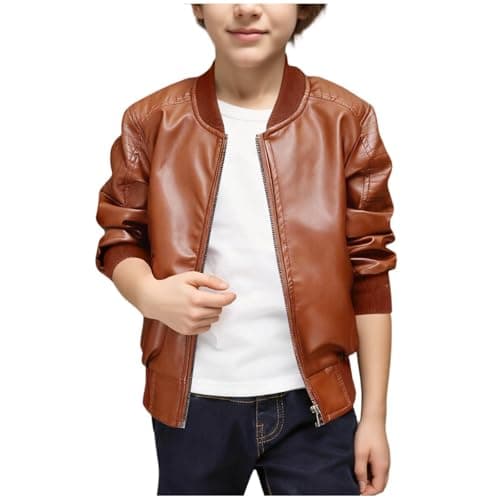Image of Slxbear Boys Fleece Lined Pu Leather Moto Jacket Winter Lightweight Windproof Warm Sherpa Coat Full Zipper Stand Collar Kids Outwear Streetwear Brown 13-14 Years