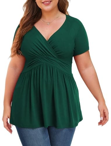 Image of Anelune Ladies Tops Plus Size Womens Tops V Neck Short Sleeve Summer Tunic Tops Loose Casual Blouse L-4XL Dark Green