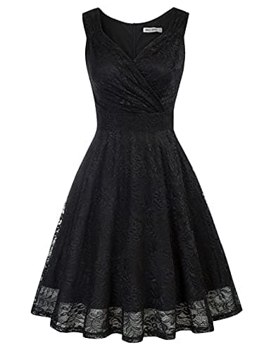 Image of GRACE KARIN Women 50s Party Dress Elegant V-Neck Ruffled A-line Vintage Event Prom Dress L Lace Black