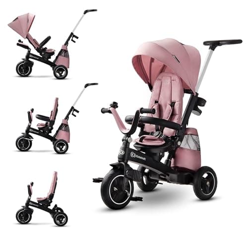 Image of Kinderkraft Tricycle EASYTWIST, Baby Push Trike, Kids First Bike, 360 ° Swivel Seat, with Sun Canopy, Parent Handle, Footrest, Accessories, Bag, Cup Holder, from 9 Months to 5 Years, Pink
