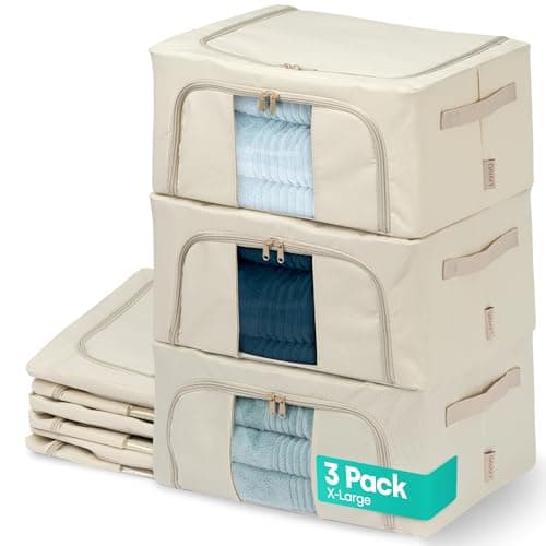 Image of LIVIVO Set of 3 Storage Bags Boxes Organiser - Collapsible Storage Box with Double Opening Zips & Clear Windows for Storing Duvets, Blankets, Bedding, Clothes, Towels, Sweaters, Toys - 56L, Beige