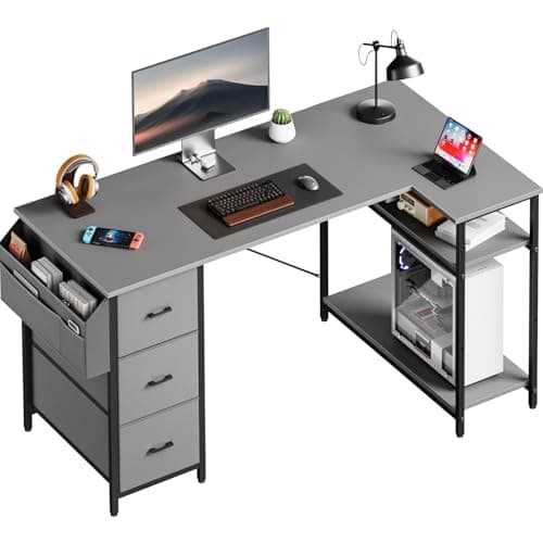 Image of DLONGONE Computer Desk with Drawers, 120 x 80 cm L Shaped Office Desk with Storage Bag, Study Corner Table with Large Storage Shelves, PC Desks for Home Office Play Workstation, Grey
