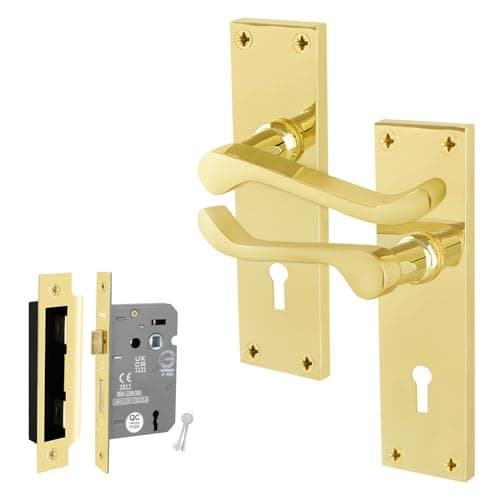 Image of EAI Brass Victorian Scroll Lock Handle Set, 1 Pair Polished Brass Internal Lever Door Handles on Backplate and Lock 64mm