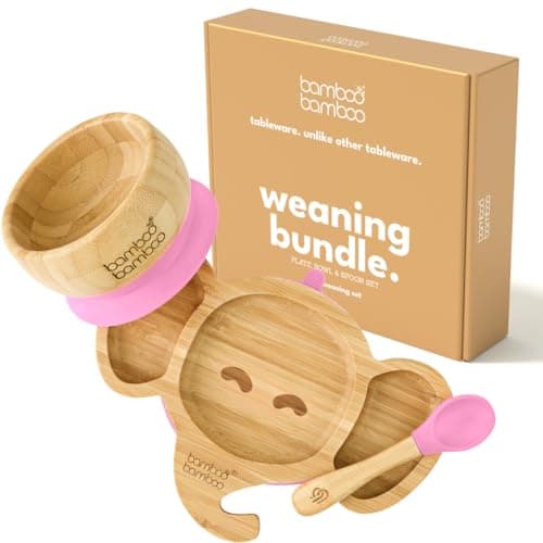 Image of bamboo bamboo Baby Plate & Bowl Set for Feeding and Weaning, Bamboo Elephant Plate, Toddler Bowl & Baby Spoon, Suction Plates for Babies from 6 Months (Pink)