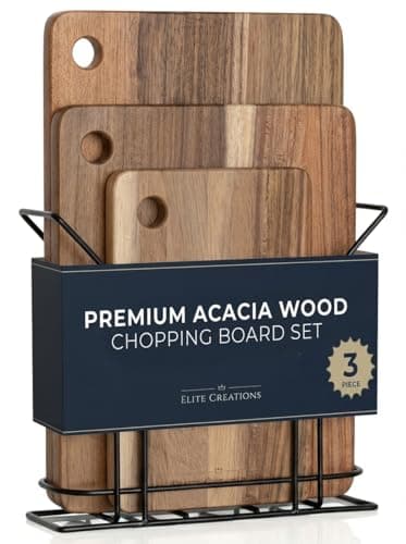 Image of Premium Acacia Wood Chopping Board Set - 3 Thick Wooden Chopping Boards with Metal Stand, Ideal for Meat, Vegetables, Cheese and Bread. Cutting Board, Cheese Board, Wooden Tray, Charcuterie Boards