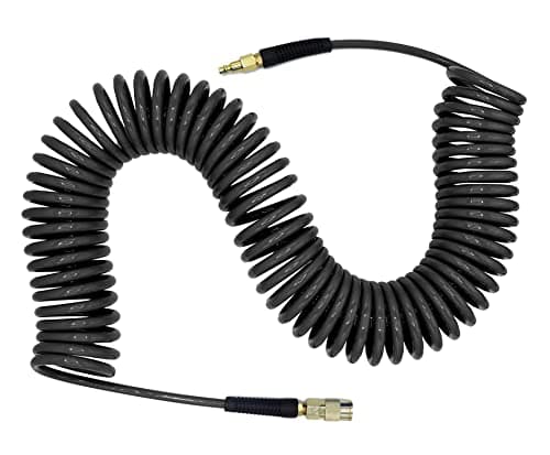 Image of YOTOO Air Compressor Hose Polyurethane Recoil 15m Long 6mm ID x 9.5mm OD with Bend Restrictor, 1/4" Europe Quick Coupler and Plug, Gray