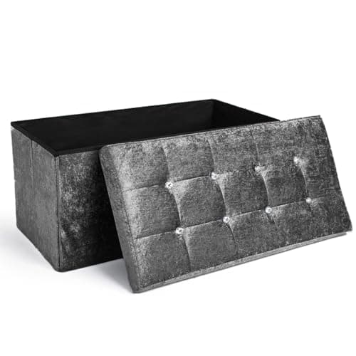 Image of Home Republic Crushed Velvet Ottoman Storage Box – Foldable Cube Ottoman with Lid – Multipurpose Toy Chest, Foot Rest, Bench Seat & Nursery Storage Solution (Charcoal, 76W)