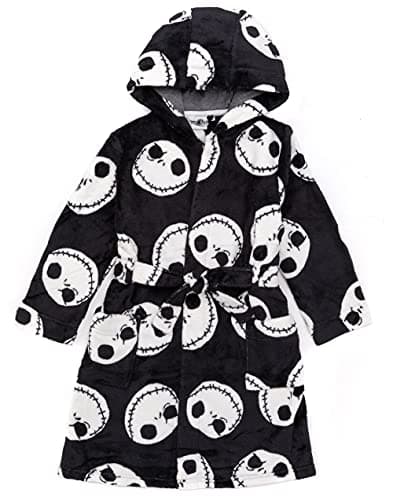 Image of Disney The Nightmare Before Christmas Dressing Gown For Kids | Boys Girls Jack Skellington Pocket Black Bathrobe | Tim Burton Movie Pjs Robe