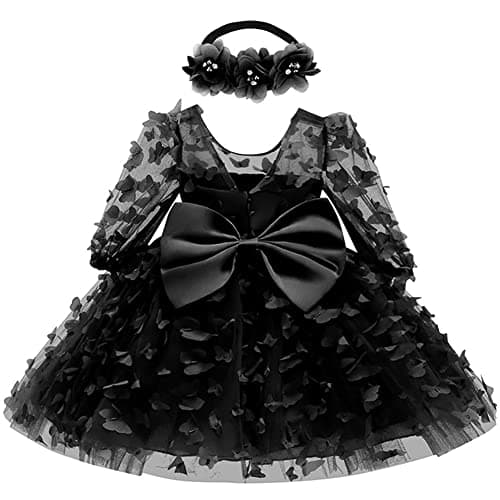 Image of Baby Flower Girl Dress Toddler Wedding Birthday Party Cake Smash Baptism Christening Holiay Valentine's Day Bowknot Mesh Tulle Sheer Long Sleeve Dresses Black 6 Months