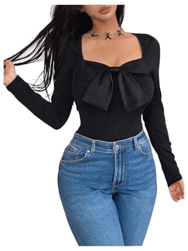 Image of GORGLITTER Women's Bow Knot Front Sweetheart Neck T Shirts Long Sleeve Skinny Elegant Tops Black Large