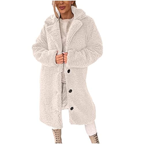 Image of Splrit-MAN Womens Coats Teddy Fleece Warm Lapel Ladies Coats Fuzzy Casual Thermal Lightweight Longline Women’s Clothing Button Notched Collar Winter Autumn Long Sleeve Solid Outwear(Beige, S)
