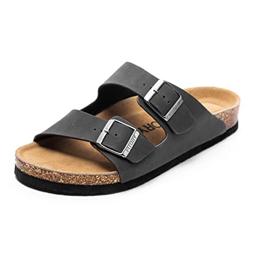 Image of FITORY Mens Sandals, Arch Support Slides with Adjustable Buckle Straps and Cork Footbed for Summer Matte Black Size 10.5