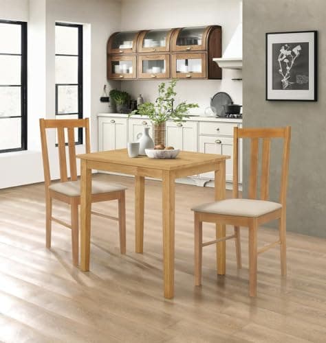 Image of Hallowood Furniture Ledbury Small Dining Table and 2 Chairs, Light Oak Wooden Rectangular Table and Chairs with Warm Cream Fabric Pad Seats, Dining Room Sets Perfect for Home, Office and Cafe