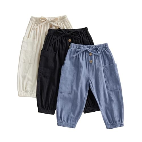 Image of JCOPLY Unisex Baby Pants Pack of 3 Toddler Boys Joggers Kids Girls Trousers Solid Color Elastic Waist Bottoms Soft Cotton Cargo Pants Casual Trousers (Blue, 18-24 Months)