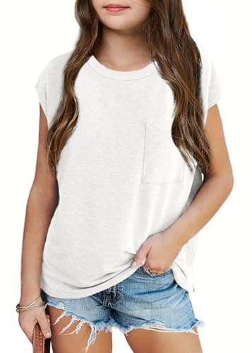 Image of Haloumoning Girls' T-Shirts Round Neck Short Sleeve Cap Sleeve Top Lightweight Plain Tee with Chest Pocket Summer Top 7-14 Years, White, 7-8 Years