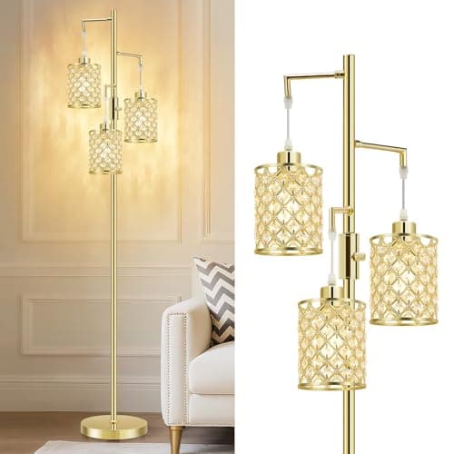 Image of GyroVu Morden Gold Crystal Floor Lamps for Living Room, 3-Light Standing Tall Lamp with Elegant K9 Crystal Shade & Rotary Switch, Modern Corner Floor Lamp for, Bedroom, Home Office, Reading