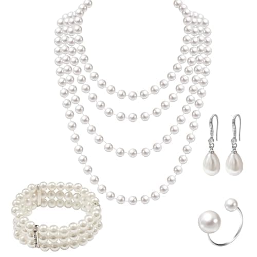 Image of 1920s Flapper Great Gatsby Faux Pearl Jewelry Set for Women, Roaring 20s Vintage Multi-Layer Pearl Necklace Earrings Bracelet, Elegant Jewellery for 1920s Party Wedding Carnival Halloween Christmas
