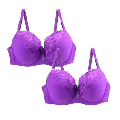 Image of Push up Bra 2PC Women's Bras Plus Size Push Up Underwire Wireless Seamless Multipack Bralette Sexy Padded Lace Bras Soft Full Coverage High Impact Support Bra Adjustable Straps Purple 44 D