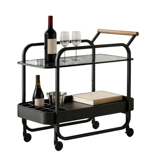 Image of DAWNYIELD Bar Serving Cart with Tempered Glass Shelf, 2-Tier Drinks Trolley with Bottle Grid, Bar Cart on Lockable Wheels with Wine Rack, Rolling Storage Trolley for Kitchen Living Room Party, Black