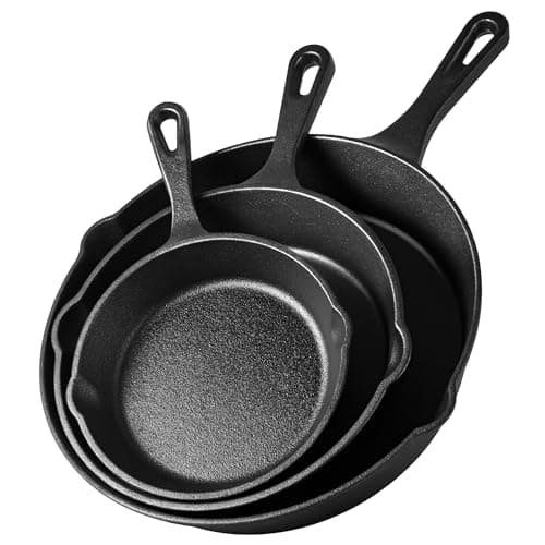 Image of VonShef Cast Iron Skillet Pan Set, 3pc Pre-Seasoned Non-Stick Heavy Duty Frying Pan Set, Oven Safe Grill Pans Suitable for All Hob Types, 6", 8", 10"