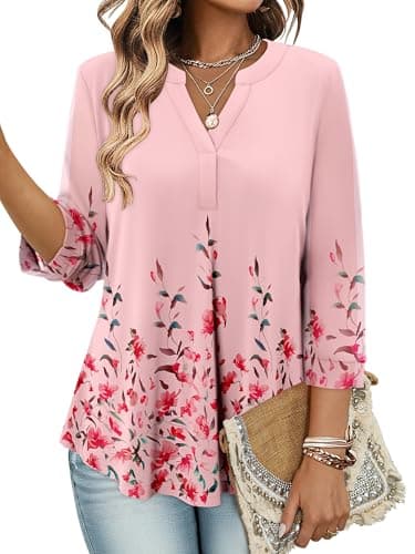 Image of KISSMODA Womens 3/4 Sleeve Casual Floral Tunic Tops V Neck Dressy Chiffon Shirts Double Layers Mesh Fashion Blouses