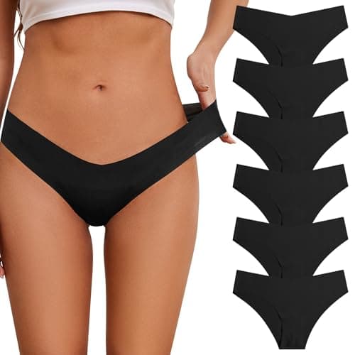 Image of Risipu 6 Pack Seamless Underwear for Women No Show Hipster Bikini Panties Low Rise Cheeky Breathable Soft Invisible Briefs (UK, Alpha, S, Regular, Regular, Black)