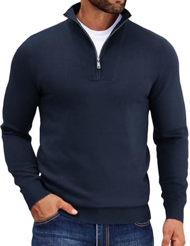 Image of COOFANDY Men's Quarter Zip Jumper Mock Neck Half Zip Sweater Long Sleeve Knitted Pullover Winter Casual Top Navy Blue S