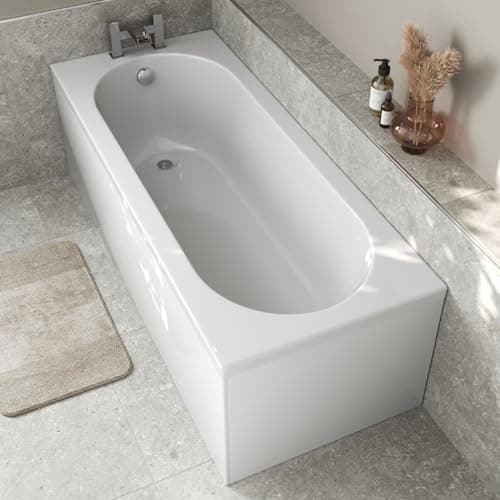 Image of Baystone 1700 x 700mm Single Ended Straight Bath White Gloss Soaking Bathttub, Acrylic Baths for Bathrooms, Straight Curved, Adjustable Feet, No Panel