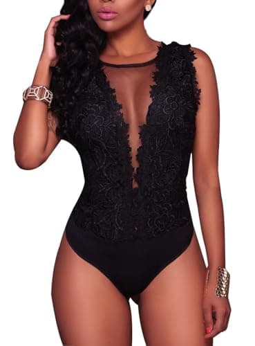 Image of Loalirando Sexy Women Ladies Sleeveless Bodysuit Lace Deep V-Neck Leotard Top Jumpsuit Outfit Clubwear (Black, M)