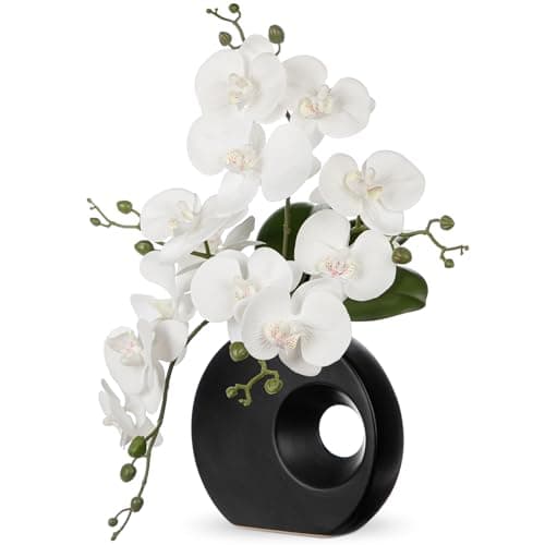 Image of Oairse Artificial Orchid Plant in Ceramic Pot 15.7" Realistic Faux Orchid Flowers for Indoor Decoration Silk White Orchid in Black Vase for Centerpiece Home Office Living Room Wedding Table Décor