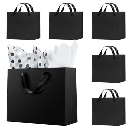 Image of Offizon 12 Pack Black Gift Bags, 8.7x3.9x7.1 Inches Gift Bags Medium Size with Tissue Paper