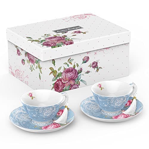 Image of London Boutique Luxury Blue Floral Tea Cup & Saucer Set with Tassel – Elegant Porcelain Teacup with Gift Box – Vintage Afternoon Tea Coffee Cup – Ideal Birthday, Wedding (Blue)