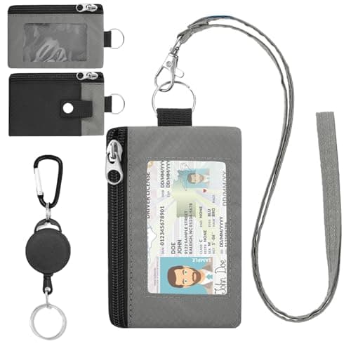 Image of Minimalist RFID Blocking Wallet with ID Window & Hook – Water-Resistant Zip Card Holder with Lanyard & Keychain – Holds Cards, Cash, Keys – Compact for Travel, Men & Women(Grey)