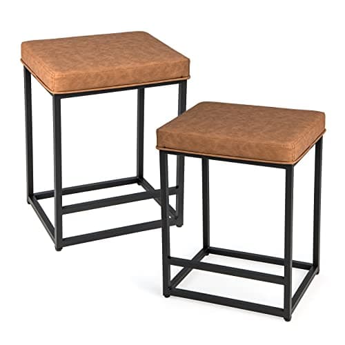 Image of COSTWAY Bar Stools Set of 2, Upholstered Bar Chairs with PVC Leather Cushion, Footrest & Adjustable Pads, Metal Frame Breakfast Counter Height Stools for Kitchen Dining Room, 160kg Capacity (2, Brown)