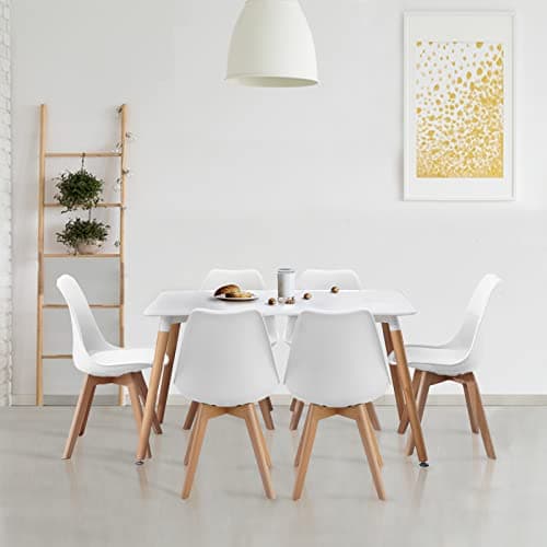 Image of Homcasa White Dining Table and Chairs Set 6,120cm Rectangular Kitchen Table Modern PU Padded Seat Dining Chairs with Wood Legs, Contemporary Compact Dining Room Set (White)