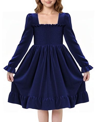 Image of JiAmy Girls Velvet Dress Long Sleeve Party Frock Elegant Square Neck Smocked Toddler Vintage Ruffle Princess Gown Dresses for Kids 5-6 Years, Navy Blue