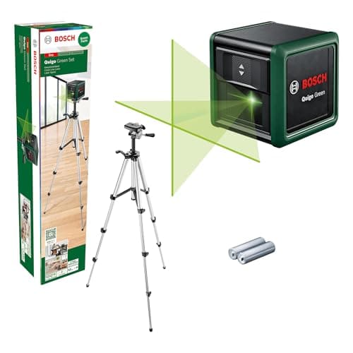 Image of Bosch Cross line Laser Quigo Green with Tripod (Green Laser for Better Visibility, housing Made of Recycled Plastic, in Cardboard Box)