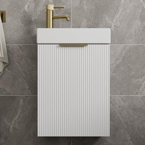 Image of BAYSTONE Fluted 400mm Bathroom Vanity Unit White Ceramic Basin Sink, Cloakroom Storage Furniture Cabinet Wall Hung Cupboard Soft Close, Brushed Brass Handle, Matt White