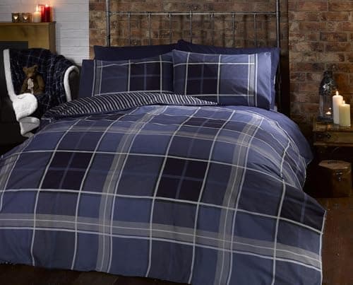 Image of Argyle Single Quilt Duvet Cover and Pillowcase Reversible Bedding Bed Set, Tartan Check - Blue