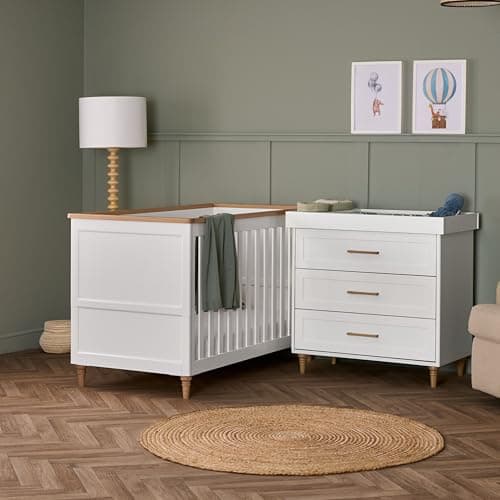Image of Obaby Orla 2 Piece Room Set – White with Natural – Cot Bed & Changer Unit for Nursery