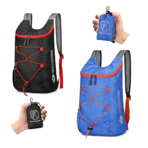 Image of Sahunfri 2 Pcs Ultra Lightweight Backpack, Foldable Backpack Water Resistant Travel Rucksack, Multi-Functional Foldable Backpacks Womens Men For Camping, Hiking, Biking (Black Royal-blue)