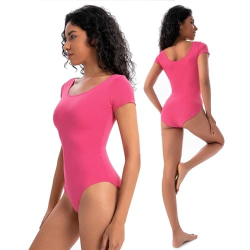 Image of Spoxiyue Short Sleeve Leotard for ballet, Black Bodysuit Ballerina Dancewear Women's Team Basic Gymnastics Gym Wear (Hot pink, L)