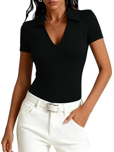 Image of Dressmine Fitted Gym Tops for Women Black Polo Shirts Henley Collared Work Clothes Spring Summer Sports y2k Fitted Top Size 14