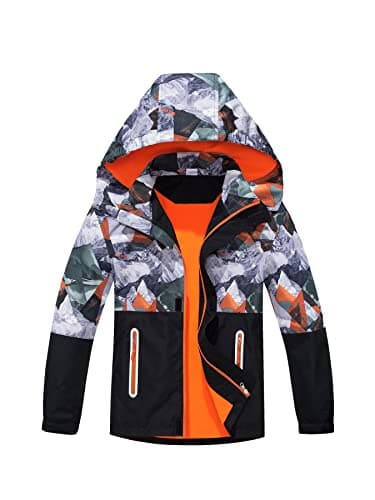 Image of NATUST Boys Waterproof Jacket Fleece Lined Raincoat Kids Windproof Rain Coat Unisex Windbreaker Orange 9-10 Years