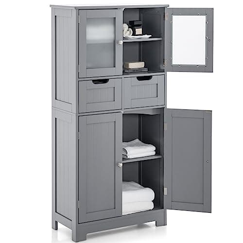 Image of Multigot Bathroom Floor Cabinet, Multifunctional Storage Cupboard with 2 Glass Doors, 2 Drawers & Adjustable Shelves, Freestanding Wooden Organizer Unit for Bedroom Living Room Hallway (Grey)