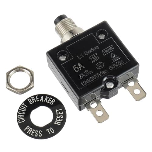 Image of HUWREW 5 Amp Push Button Circuit Breaker 125-250V AC 50V DC L1 Series Manual Reset Thermal Circuit Breaker 5A Thermal Overload Protector